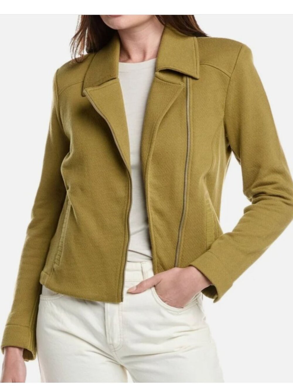 Cabi Road Trip Jacket Moss Green Asymmetrical Zip Size S